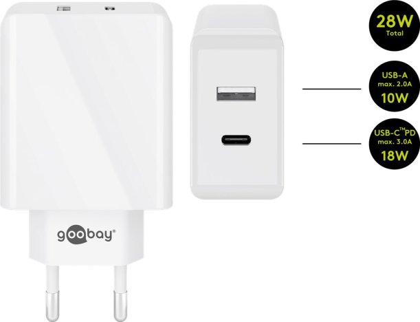 Incarcator de retea Goobay Dual-USB USB-C, incarcare rapida, PD, 28W, alb